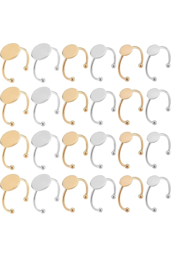 24Pcs 6 Style Ring Blank Base Stainless Steel Open Cuff Ring Blank Base Gold Silver Flat Round Ring Pad Rings Blank Jewelry Findings Components for DIY