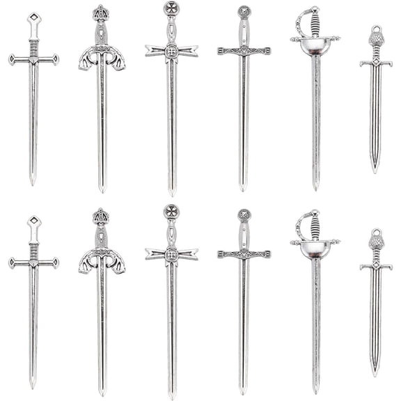 24Pcs 6 Style Style Alloy Big Pendants Long Swords for Crafting Pendant Making Silver 66.7x14.5x5.5mm Hole: 2mm 4pcs/style