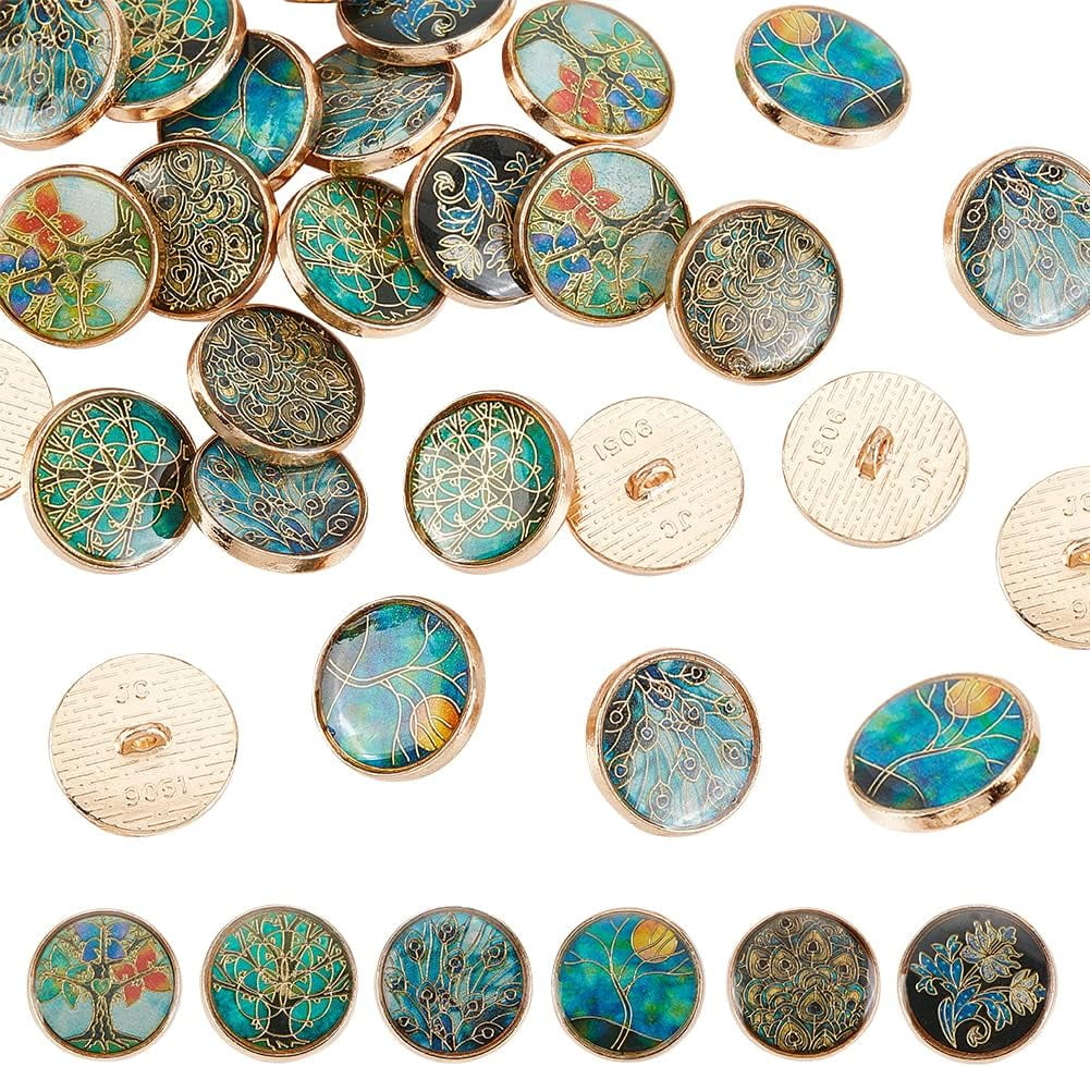 24Pcs 6 Styles Alloy Enamel Shank Buttons Flat Round with Tree Light ...