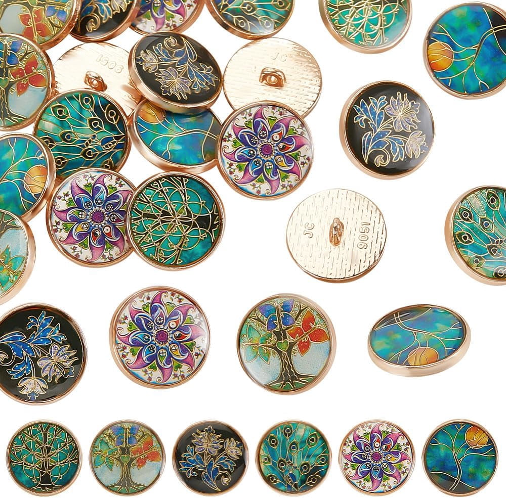 24Pcs 6 Colors Alloy Enamel Shank Buttons 1-Hole Flat Round with Flower ...