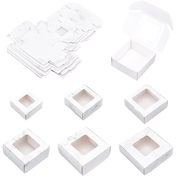 24Pcs 6 Styles Paper with PVC Candy Boxes with Square Window for Bakery Box Baby Shower Gift Box Square with Marble Pattern White 4pcs/style