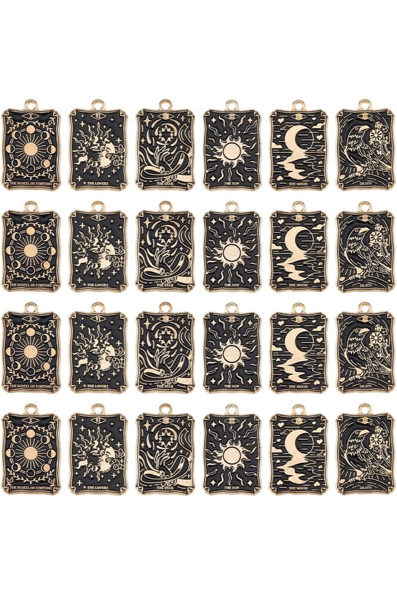 24Pcs 6 Styles Tarot Charms Bulk Enamel Tarot Card Charms Alloy Tarot Pendant Gothic Moon Star Rectangle Charm Black Amulet Charm Vintage Magic Pendant for DIY Jewelry Making Black