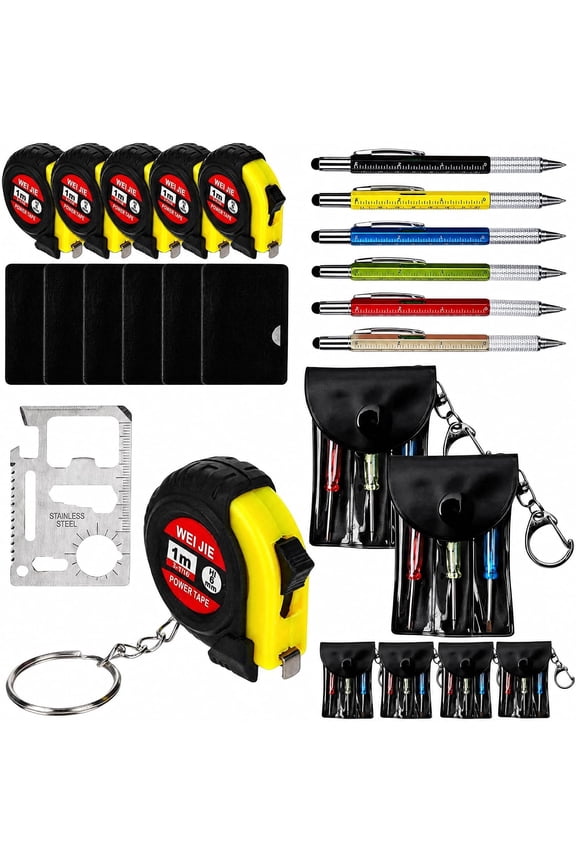 24Pcs 6Sets Mini Tool Gift Set for Men, Portable Screwdriver and Tape Measure Keychain Kit with Multifunction Tool Pen and Card Tool, Bulk Father's Day Gifts Party Favors Everyday Repair Accessories