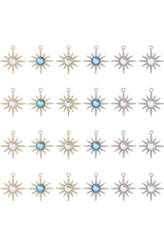 24Pcs 6Styles Alloy Pendants Rack Plating Sun Charms with Resin for DIY Bracelet Necklace DIY Craft Jewelry Making Platinum Light Gold