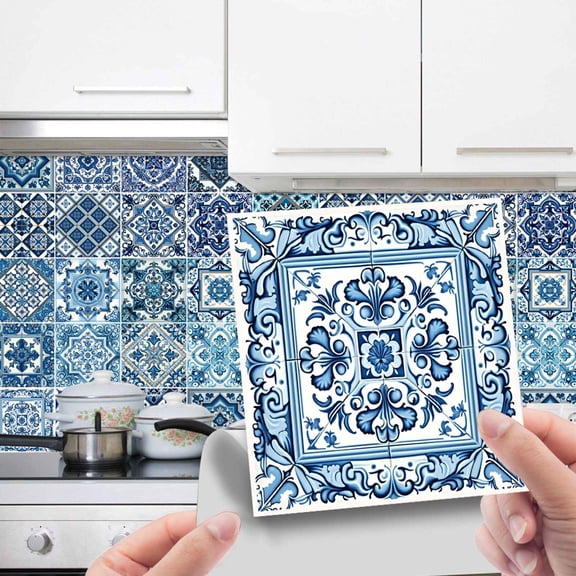 24Pcs 6x6 in Decorative Tile Stickers, Peel and Stick Self Adhesive Removable Moroccan Tiles Backsplash Waterproof for Kitchen Bathroom Furniture Staircase Home Decor