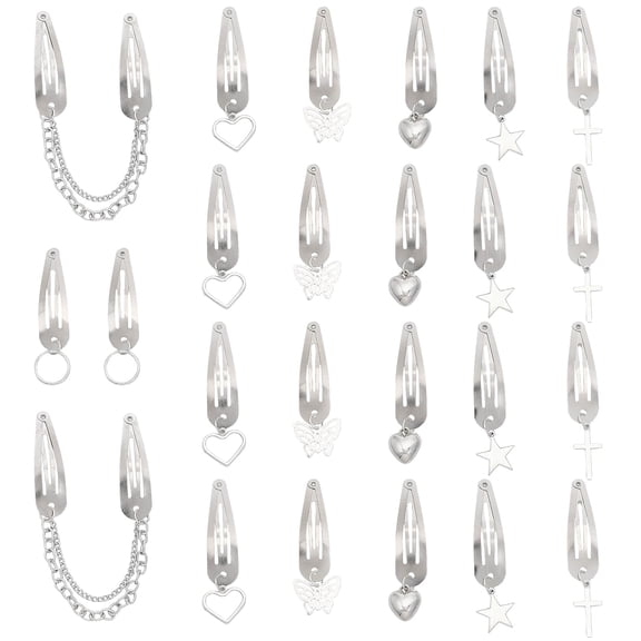 24Pcs 7 Style Goth Hair Pins Iron Snap Hair Clips with Heart Butterfly Star Round Charms for Cosplay Party Fashion Women's Hair Accessories DIY Mixed Shapes