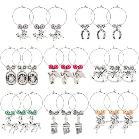 24Pcs 8 Styles Antique Silver Wine Glass Charms Horseshoe Brush Horse Markers Tags Identification for Stem Glass decoration Wine Tasting Party