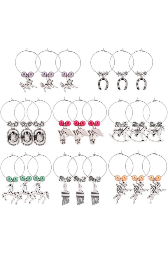 24Pcs 8 Styles Silver Wine Glass Charms Horseshoe Brush Horse Markers Tags Identification