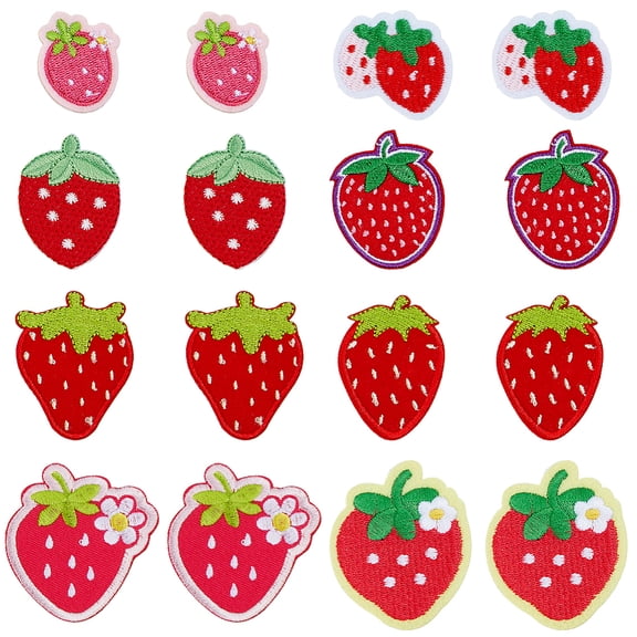 24Pcs 8 Styles Strawberry Sew on Patch Strawberries Applique Cloth Red Fruit Decorative Sewing Embroidered Iron on Patches for Clothing Shirts Jeans