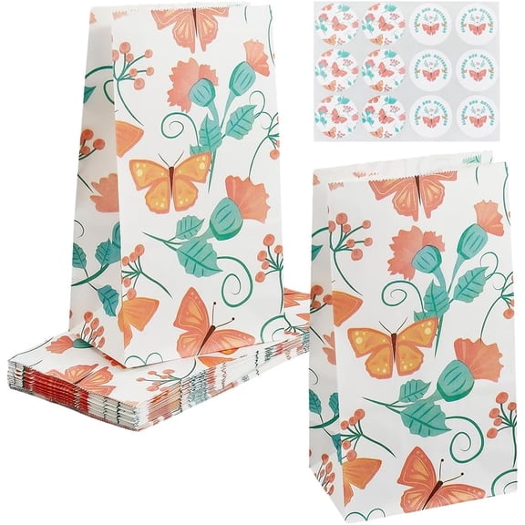 24Pcs 9.6 x 5.1 Inch Butterfly Party Bags Vintage Treat Bags with Stickers Paper White Rectangle Colorful Insect Flower Goodie Pouches