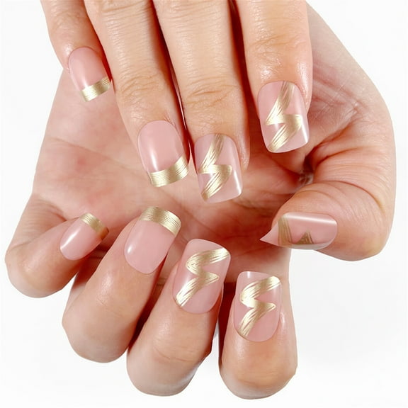 24Pcs Acrylic with Gold French Tips Designs Short Square False Nails Artificial Nails Easy Application