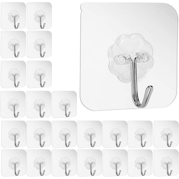 24Pcs Adhesive Heavy Duty Wall Hooks 33lb(Max) Transparent Reusable Seamless Nail Free Hooks Waterproof and Oilproof Bathroom Kitchen Utility Towel Mug Spatula Can Opener Scissors Hooks