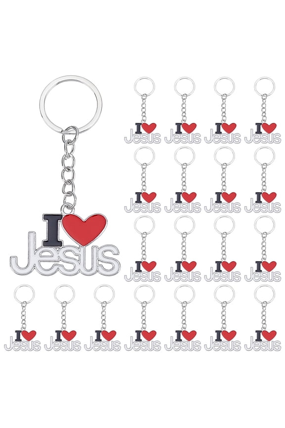 24Pcs Alloy Enamel Pendant Keychains with Key Rings Word I Love Jesus Light Gold 81mm
