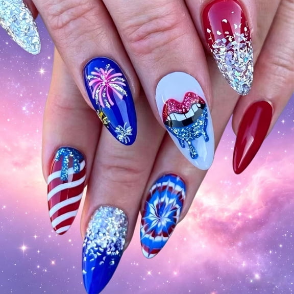 24Pcs Almond 4th of July Press On Nails, Red White Blue American Flag Firework Glitter Patriotic Reusable False Nail Tips, Full Cover Fake Nails for Independence Day Holiday Party Nail Art