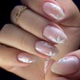 24Pcs Almond Press on Nails Medium Fake Nails White Flower Glitter