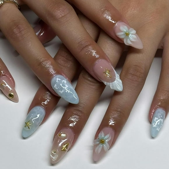 24Pcs Almond Press on TMA2Nails Medium Summer Sea Nails 3D Shell Starfish Pearl Gems Designs Blue Wave Acrylic Nails Full Cover Flower Glue on Nails Ocean Theme Nail Art Decoration for Women
