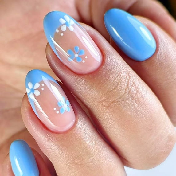 24Pcs Almond Press on Nail Flower French Fake Nail Acrylic False Nail,Artificial Nail Glues on Nail for Womens Girls