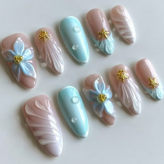 24Pcs Almond Press on Nails Flower French Fake Nails Acrylic False Nails,Artificial Nails Glues on Nails for Womens