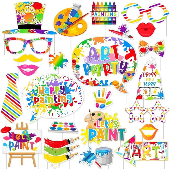 24Pcs Art Party Photo Booth Props - Lets Paint Themed Birthday Decorations, Happy Painting Watercolor Painting Theme Photography Props Party Favors Supplies with Sticks