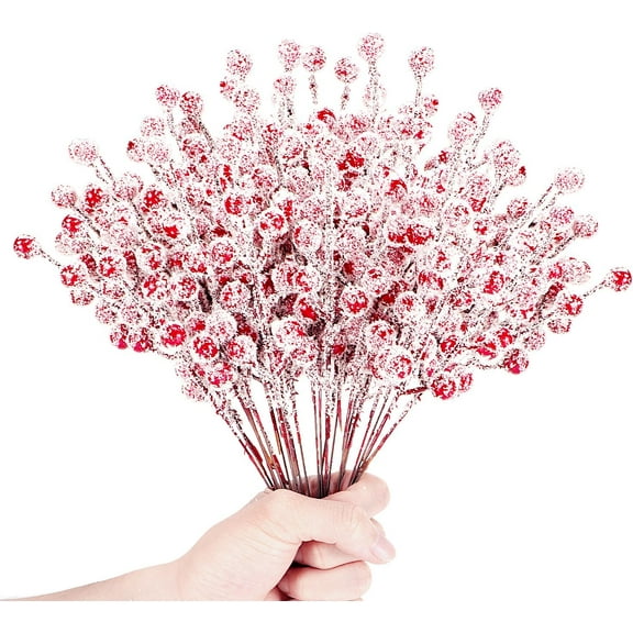 24Pcs Artificial Berry Picks Snow Sprays Christmas Frosted Holly Berry Stems Twigs Winter Branches for for Christmas Tree Fillers Decor Holiday Arrangement Wreaths Garland Crafts DIY Ornaments