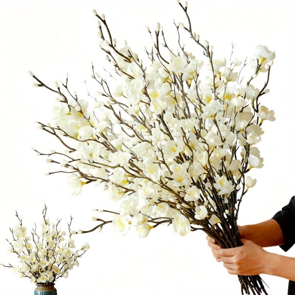 24Pcs Artificial Cherry Blossom Branches 21.7'' Long Stem Silk Faux Flowers for Spring Wedding Home Office Table Centerpieces Decoration (White)