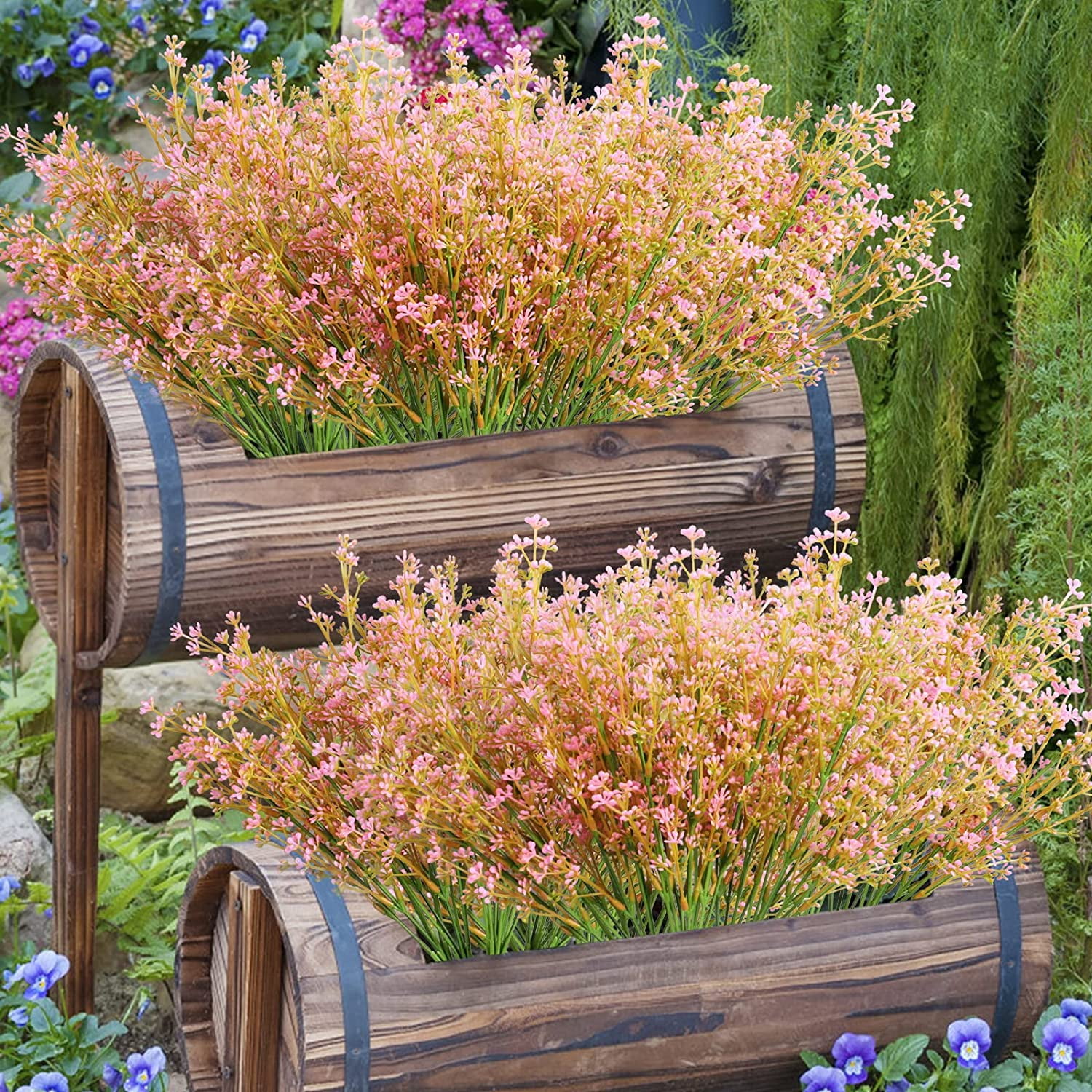 24Pcs Artificial Fall Flowers for Outdoors Fake Babybreath Faux Flowers Bouquets Branches for Harvest Festival Home Window Box Outdoor Decor (Pink)