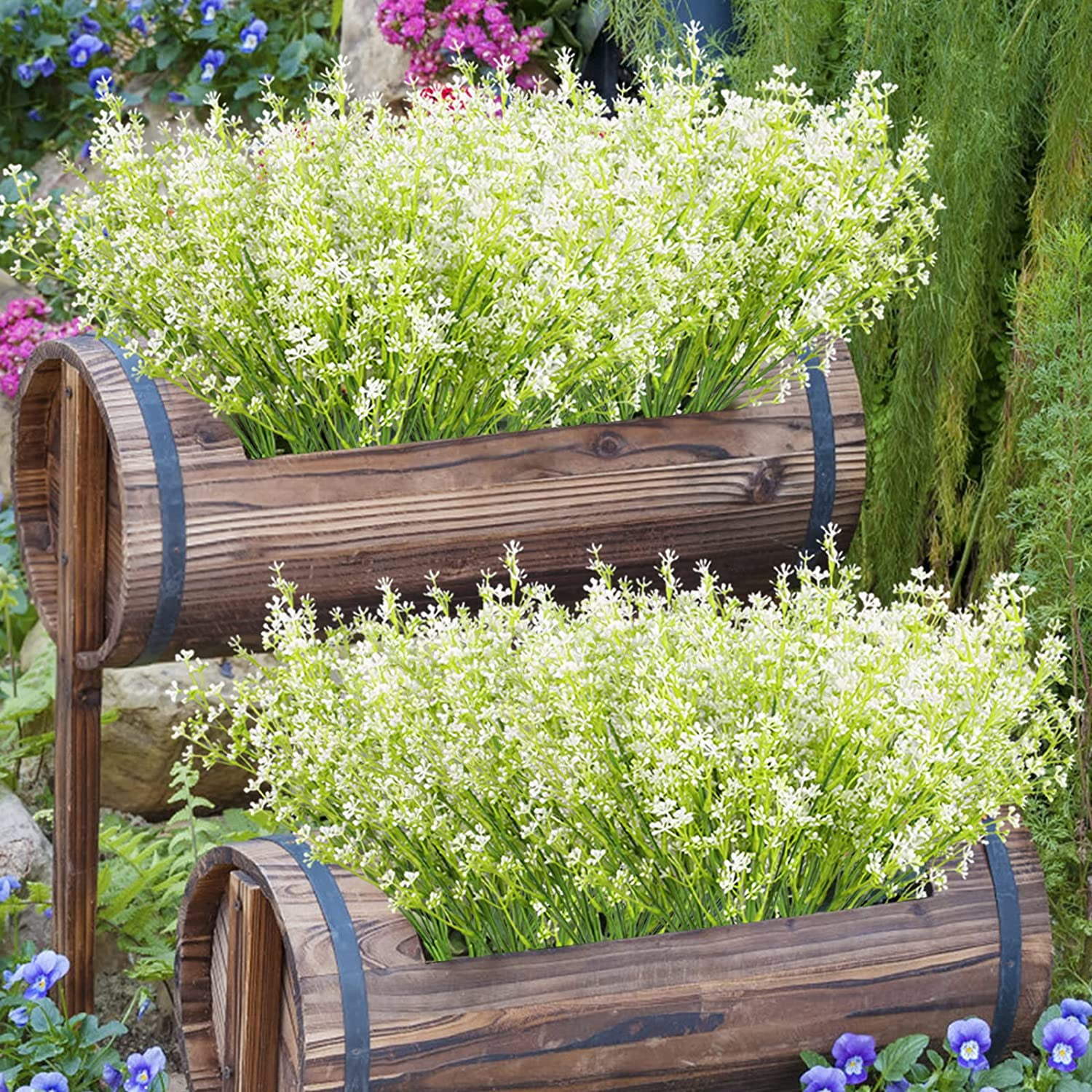 24Pcs Artificial Fall Flowers for Outdoors Fake Babybreath Faux Flowers Bouquets Branches for Harvest Festival Home Window Box Outdoor Decor (White)