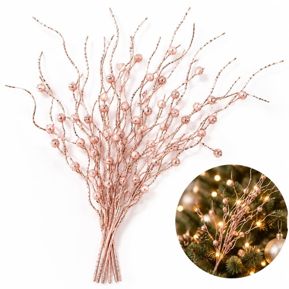 24Pcs Artificial Glitter Berry Stem Ornaments, 17inch Christmas Glitter Berries Stems, Faux Pink Berries Picks, Xmas Decorative Glittery Branches for Tree, Wreath, Small Vase, Party