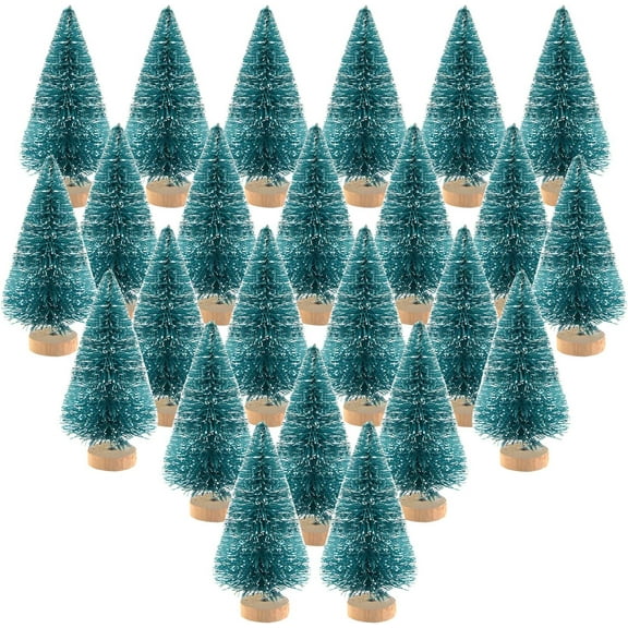 24Pcs Artificial Mini Sisal Trees Bottle Brush Trees Mini Christmas Trees Pine Trees with Wood Base, Winter Snow Ornaments Tabletop Trees for Christmas Decorations, Small Size 1.77 in