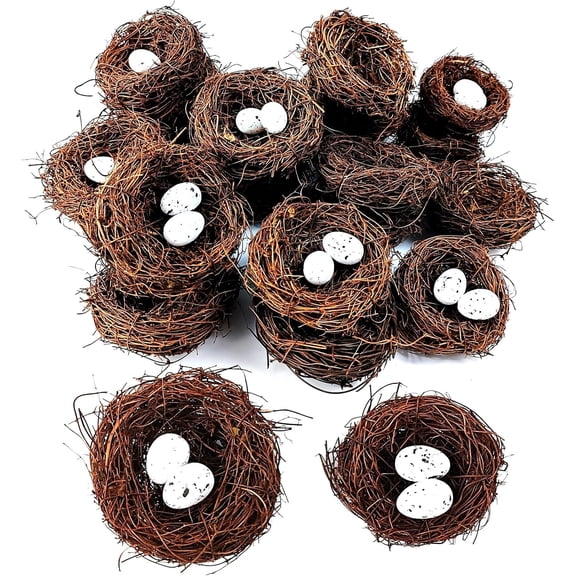 24Pcs Artificial Rattan Bird Nest with Foam Eggs Faux Small Nests for Easter Crafts Home Tree Decor