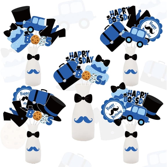 24Pcs Baby Boss Centerpiece Sticks Blue Black Happy Bossday Party Decorations Cake Car Birefcase Boss Theme Birthday Table Toppers Sign for Boys 1st 2nd 3rd Birthday Party Decor Supplies