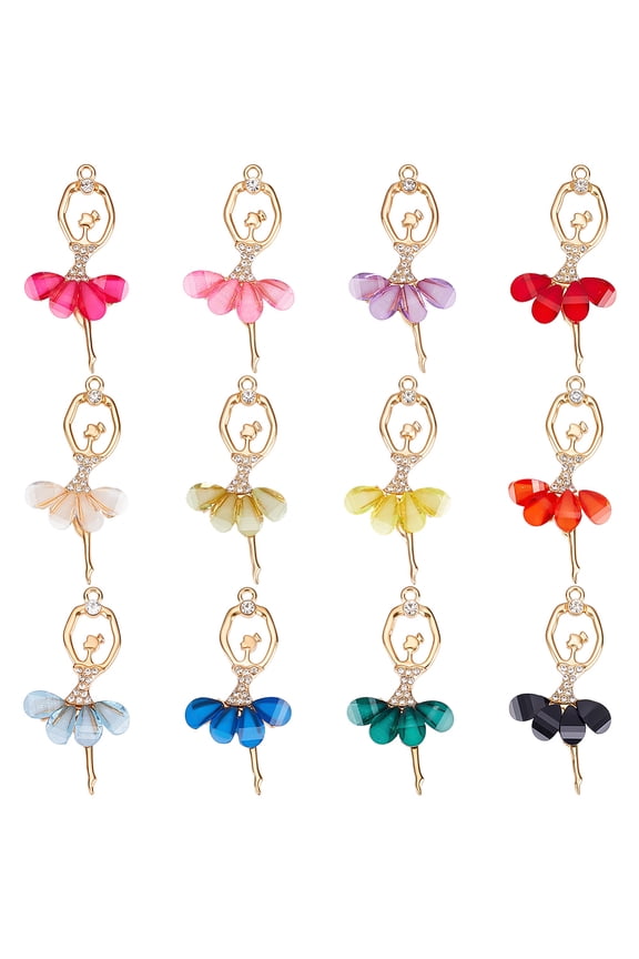 24Pcs Ballerina Charms 12 Color Alloy Resin Ballet Dancer 60x30x4.5mm Pendants with Loop