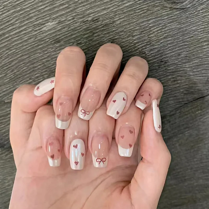 24Pcs Ballet Square Pink Press on Bow Nails 3D Flower with Bandage Design French Nail Tips for Women&Girls Daily,Spring wear
