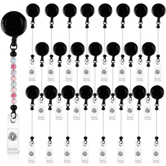 24Pcs Beadable Retractable Badge Reels, DIY Blank Badge Clips Holder with Bar, Beads ID Name Badge Holder Reel with Belt Clip Jewelry for Nurse Teacher Hanging Card Office Supplies Black