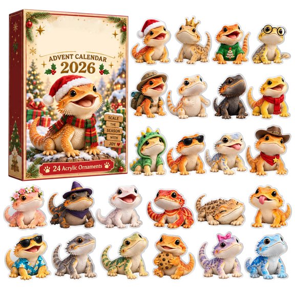 24Pcs Bearded Dragon 2D Acrylic Ornaments Advent Calendar Blind Box, Cute Lizard Hanging Charms, Christmas Countdown Collectible Pendants, Holiday Surprise Gift Set