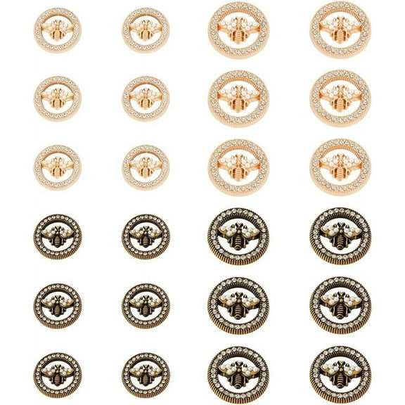 24Pcs Bee Pattern Shank Buttons 18mm Flat Round Alloy Enamel Buttons with Rhinestone Golden Metal Blazer Button Set