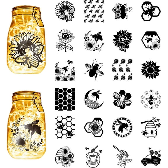 24Pcs Bee Silhouettes Mason Jar Decor Flower Laser Cut Cardboard Sunflower Honeycomb Cuts for Lantern Jars Wall Painting Window Glass Phone Black 3.9x3.5in colorful DIY