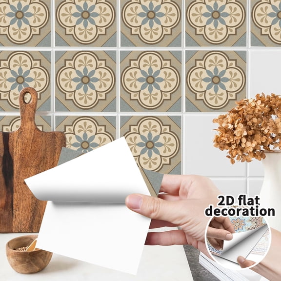 24Pcs Beige Vintage Tile Stickers Peel and Stick, 7.8"x7.8" Self Adhesive PVC Tiles for Staircase, Furniture, Kitchen Wall Decoration (PVC Material)