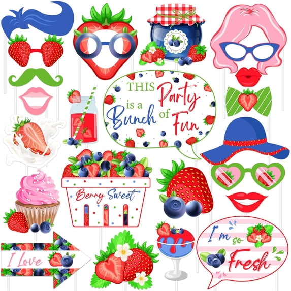 24Pcs Berry Theme Photo Booth Props for Girls - Strawberry and Blueberry Party Signs with Wooden Sticks, Fruit Berry Theme Birthday Party Baby Shower Decorations