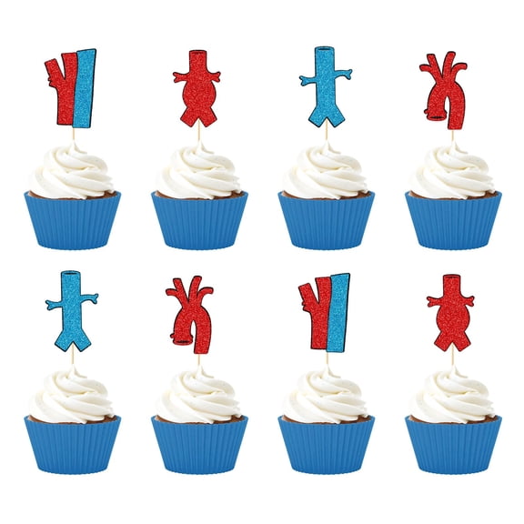 24Pcs Blood Vessel Cupcake Toppers, Red and Bule Glitter Vascular Nurses Week Party Decorations, Nurse Vascular Week Decorations, Red and Blue Glitter