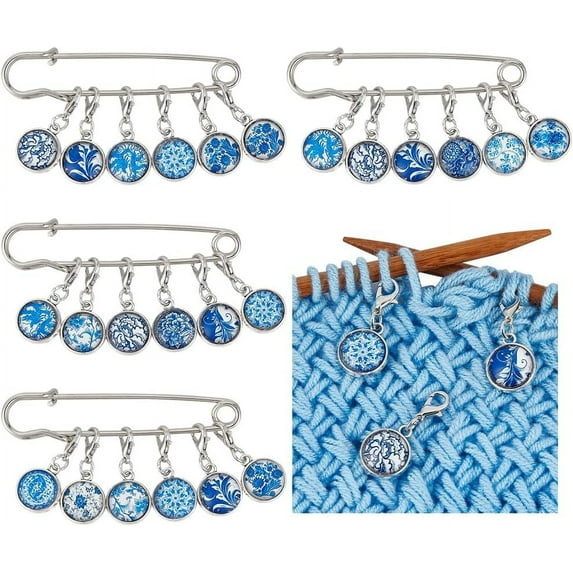 24Pcs Blue Flower Stitch Marker Charms Glass Flower Pendant Stitch Knitting Supplies with 4pcs Safety Pins and Lobster Clasps for Knitting Weaving Sewing Crochet Markers