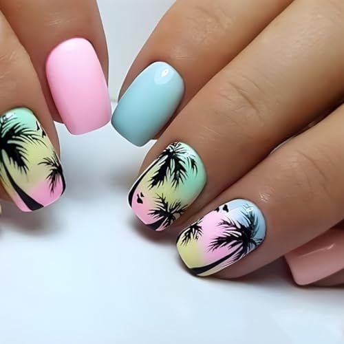 24Pcs Blue Pink Press on Nails Extra Short Square,Ombre Fake Nails Press ons Nail Tip Glue on Nails Full Cover Acrylic Nail Kit False Nail with Fall Coconut Tree Nail Art Design for Women