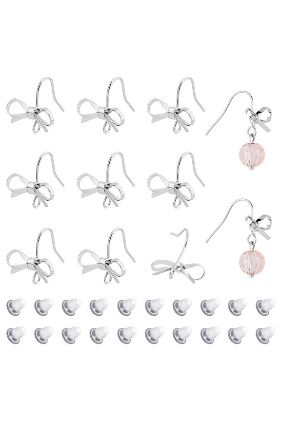 24Pcs Bowknot Shape Brass Earring Hooks Bowknot Ear Wire with Vertical Loops with 40Pcs Plastic Ear Nuts Platinum 22 Gauge 16x15mm Hole: 2mm Pin: 0.6mm