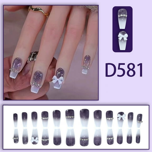 24Pcs/Box Long Fake Nails Flash French Purple Gradient Bow Full Cover Press On Square Head Nails DIY Detachable Faux Fingernails