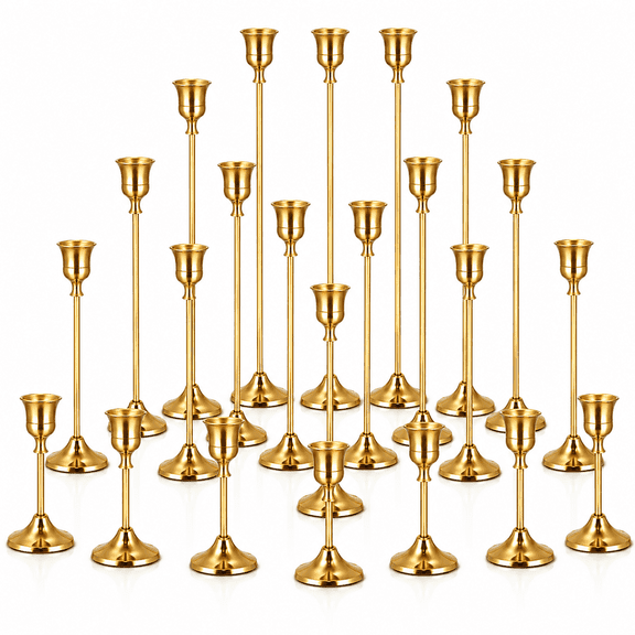 24Pcs Brass Gold Candlestick Holders, Vintage Tall Table Metal Taper Candle Holders Centerpiece, fits Pillar & LED Candles. Perfect for Weddings, Festive Events and Christmas Mantel Decor