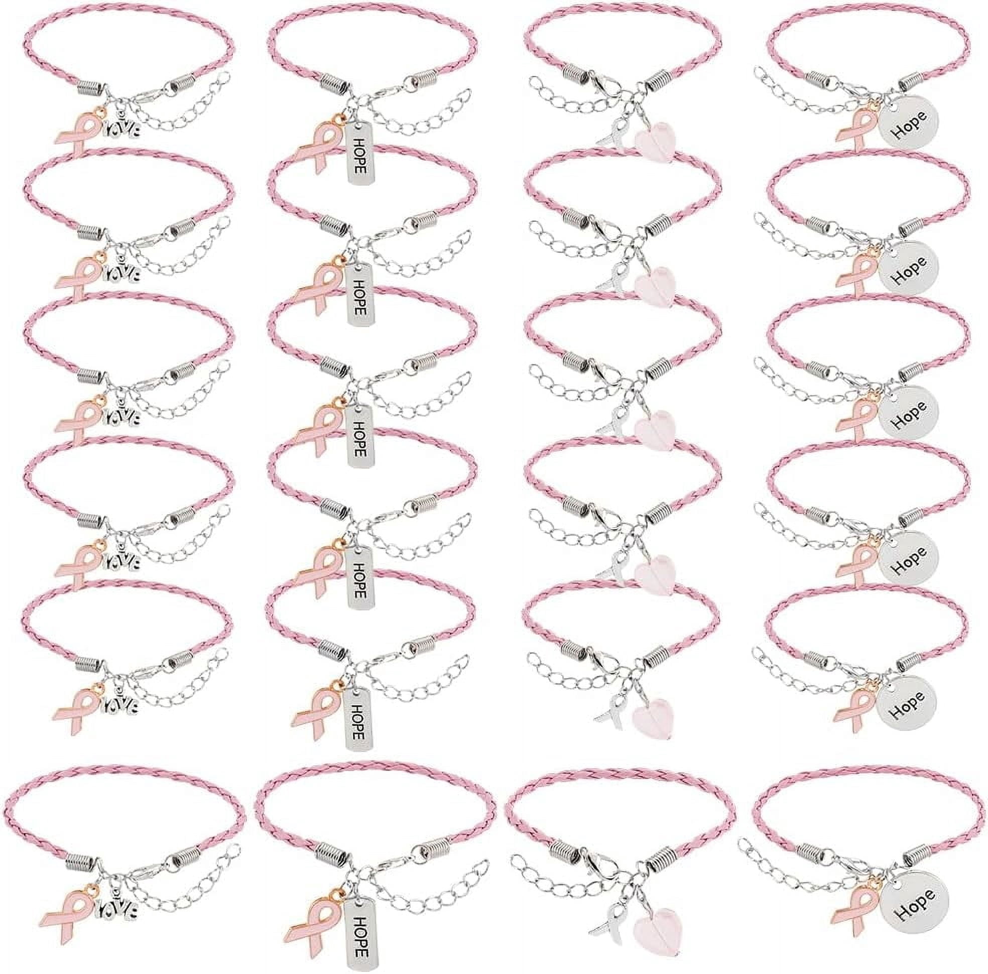 24Pcs Breast Cancer Bracelets Awareness Leather Bracelet Handmade Pink Ribbon Leather Cords Bracelet Adjustable Hope for Women Fighter Breast Cancer Jewelry