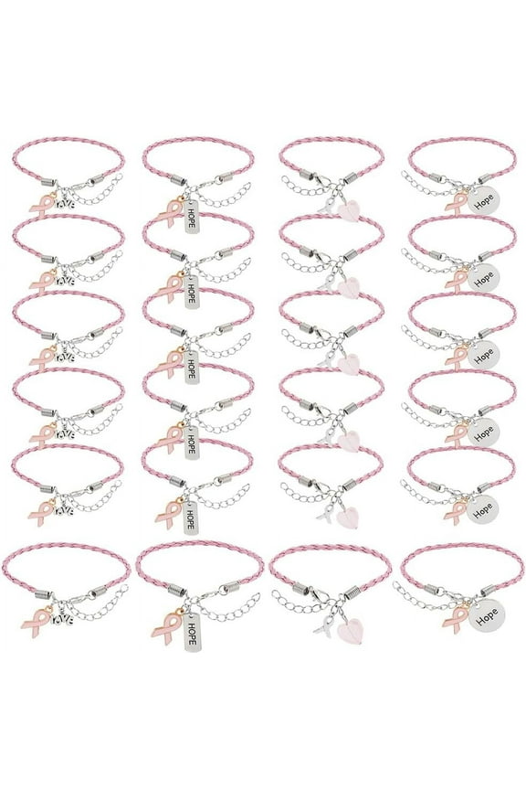 24Pcs Breast Cancer Bracelets Awareness Leather Bracelet Handmade Pink Ribbon Leather Cords Bracelet Adjustable Hope for Women Fighter Breast Cancer Jewelry