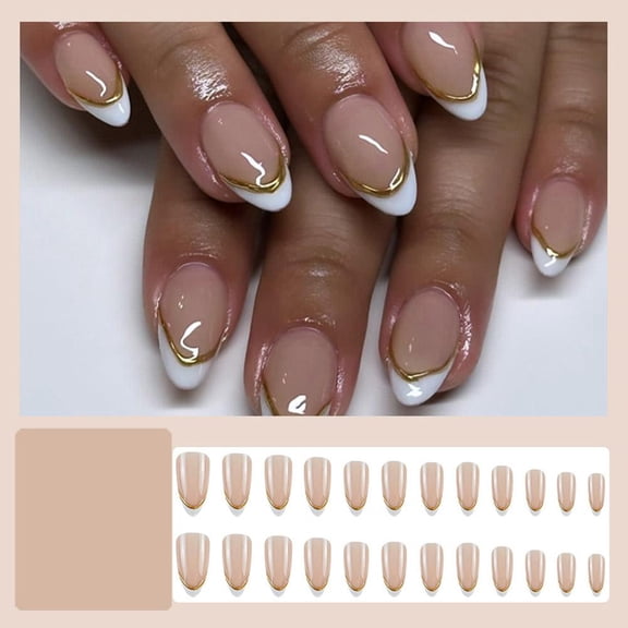 24Pcs Brown Cheetah Print French Press on Nails Medium Almond False Nails&