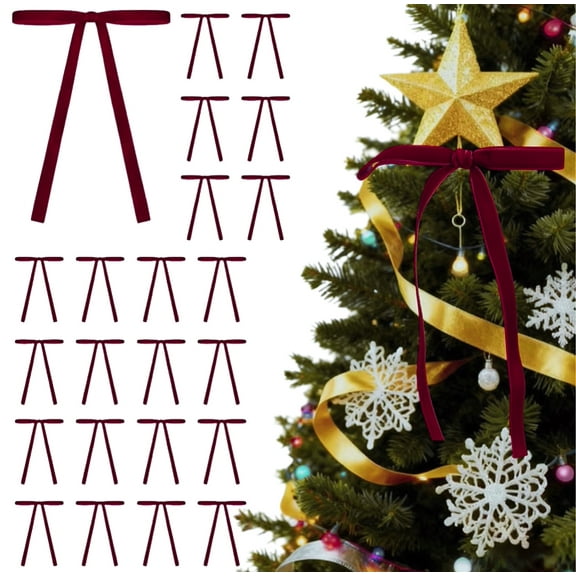 24Pcs Burgundy Velvet Bows Ornaments for Christmas Tree, Small Vintage Ribbon Bows for Wreaths, Garland, Gifts, Xmas Decorations (5 x 7 Inch, Burgundy)