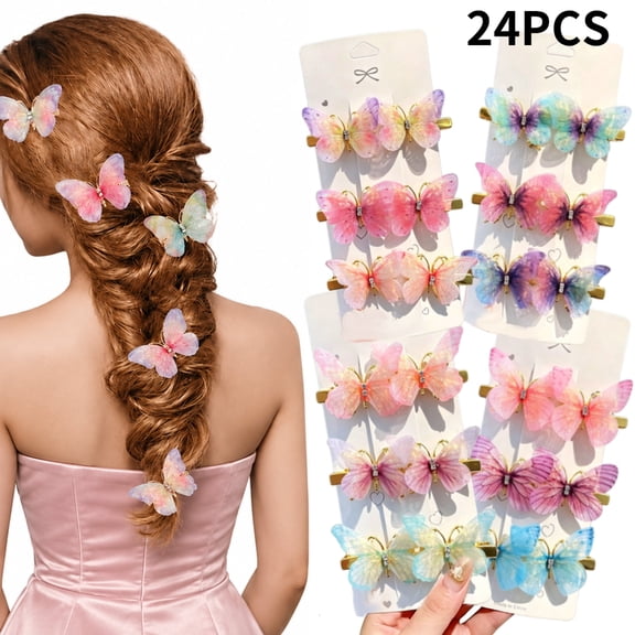 24Pcs Butterfly Hair Clips, Assorted 3D Double Layer Chiffon Hairpins, Sparkle Rhinestone Flower Hair Accessories for Women Girls
